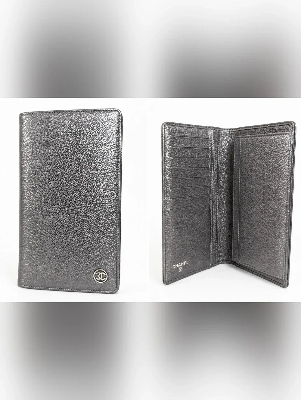 CHANEL Silver Caviar Leather Card Holder Wallet with CC Logo